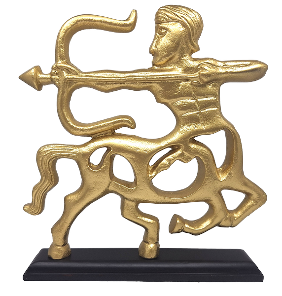 Estatueta decorativa dourada de Sagitário com base de madeira e opção de personalização por gravação