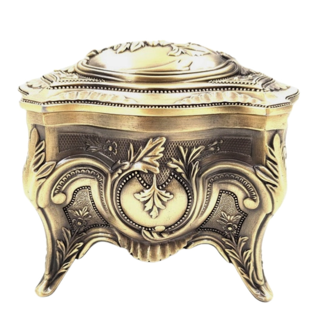 Caixa Metálica Dourada para Joias Retro com Possibilidade de Personalização por Gravação - Elegante e Ricamente Decorada, Ideal para Presente - Dimensões: 10,8 x 7,7 x 9,2 cm, Maciça e Imponente, Excelente para Guardar Objetos Valiosos