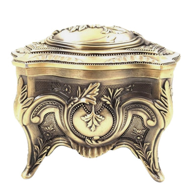 Caixa Metálica Dourada para Joias Retro com Possibilidade de Personalização por Gravação - Elegante e Ricamente Decorada, Ideal para Presente - Dimensões: 10,8 x 7,7 x 9,2 cm, Maciça e Imponente, Excelente para Guardar Objetos Valiosos