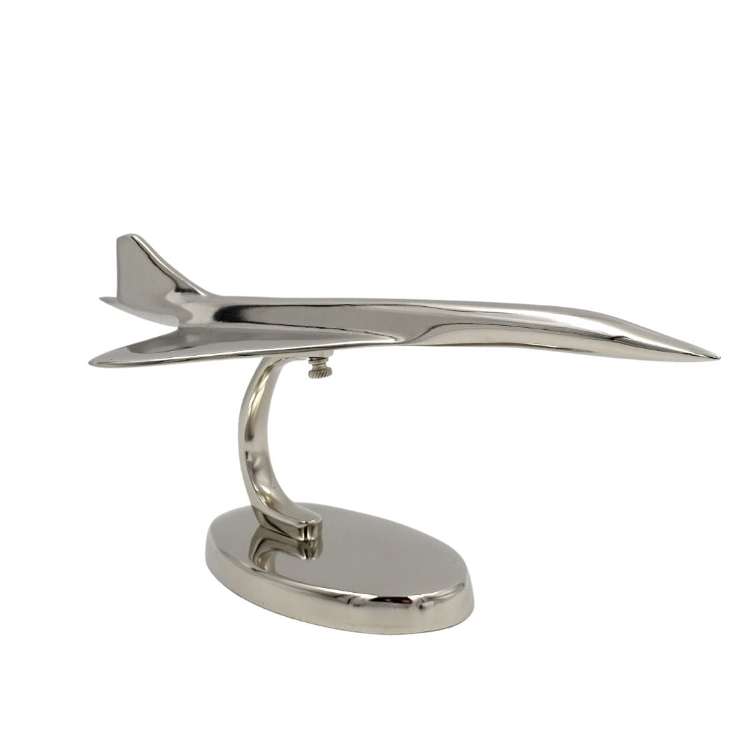 Modelo metálico de avião Concorde em cor prata com possibilidade de personalização por gravação