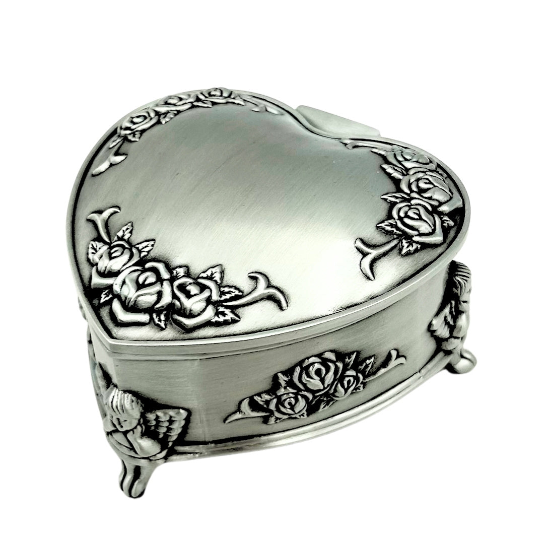 Caixa metálica em forma de coração com possibilidade de personalização por gravação – presente elegante para Dia dos Namorados, aniversário ou aniversário, decorada com motivo de rosa, dimensões 8,7 x 8,4 x 5,1 cm