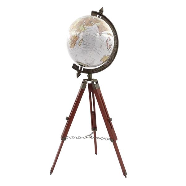 Globo Colonial Elegante em Tripé de Madeira NC2140 com Altura Regulável até 78 cm, Mapa Laminado em Tons de Branco e Castanho, Ideal para Presente com Possibilidade de Personalização com Gravação