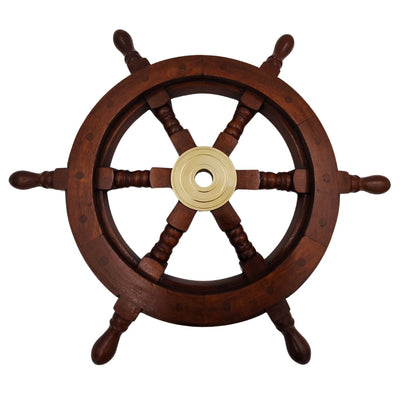 Roda de leme de madeira 45 cm com centro em latão - Gravação personalizada - Decoração retro marinheira para presente de velejador ou amante do mar