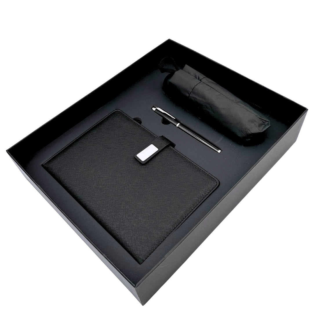 Conjunto Elegante para Presente com Personalização - Caderno de Pele A5, Caneta e Guarda-Chuva Preto em Caixa de Presente