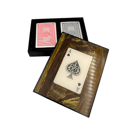 Conjunto elegante de dois baralhos de cartas numa caixa de resina com possibilidade de personalização por gravação
