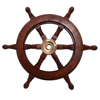 Roda de leme de madeira 45 cm com centro em latão - Gravação personalizada - Decoração retro marinheira para presente de velejador ou amante do mar