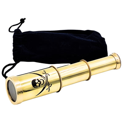 Luneta de Pirata com Emblema – Luneta Dobrável em Latão com Gravação – Presente Ideal para Jovem Explorador dos Mares – Altura 15 cm, Conjunto com Saquinho de Veludo