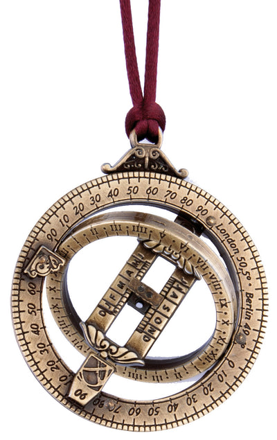 Miniatura de relógio de sol H90 com anéis astronómicos, gravação personalizada, presente ideal, pendente bordô, feito em zamak e latão, diâmetro 45mm