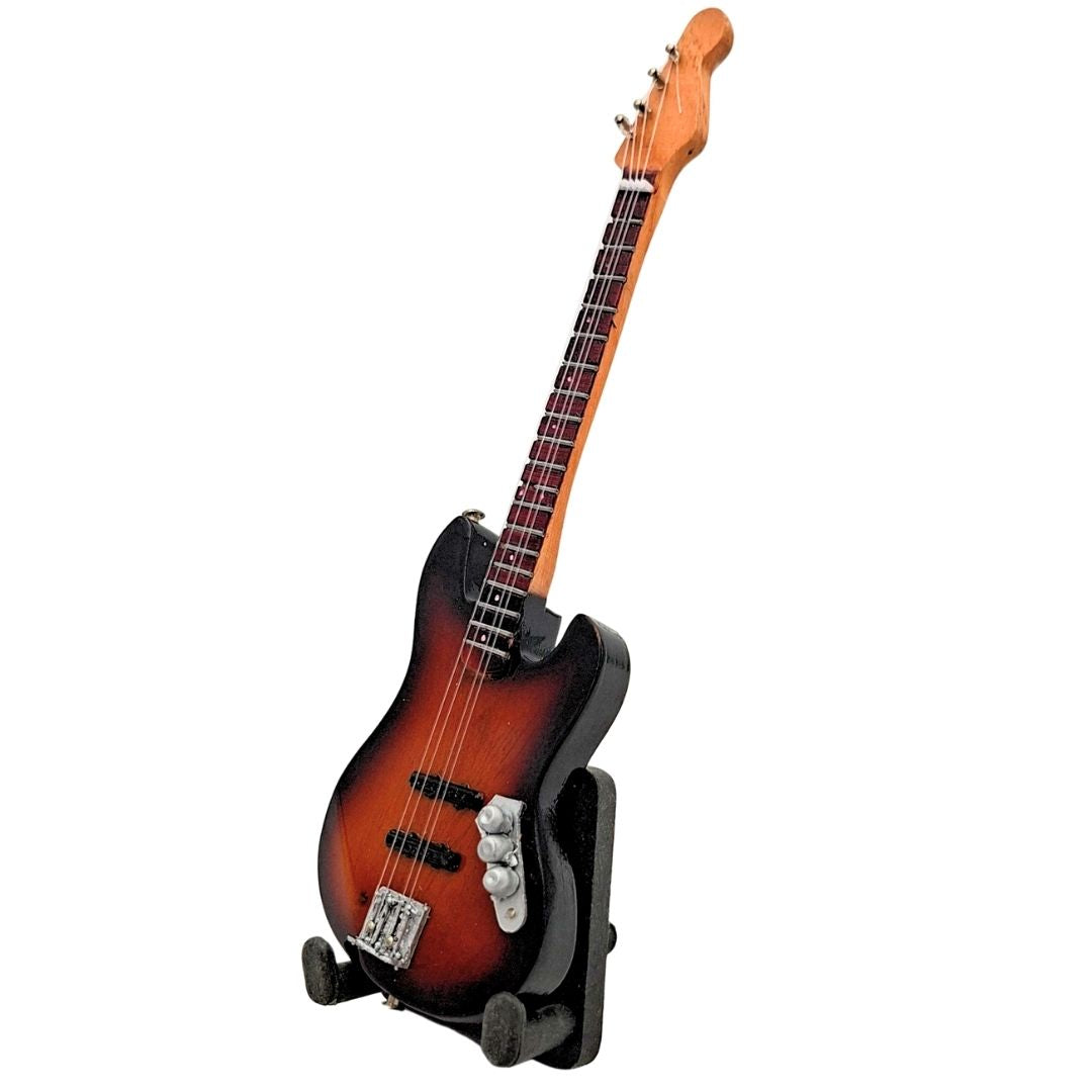 Mini guitarra decorativa de 15 cm num suporte, com possibilidade de personalização por gravação