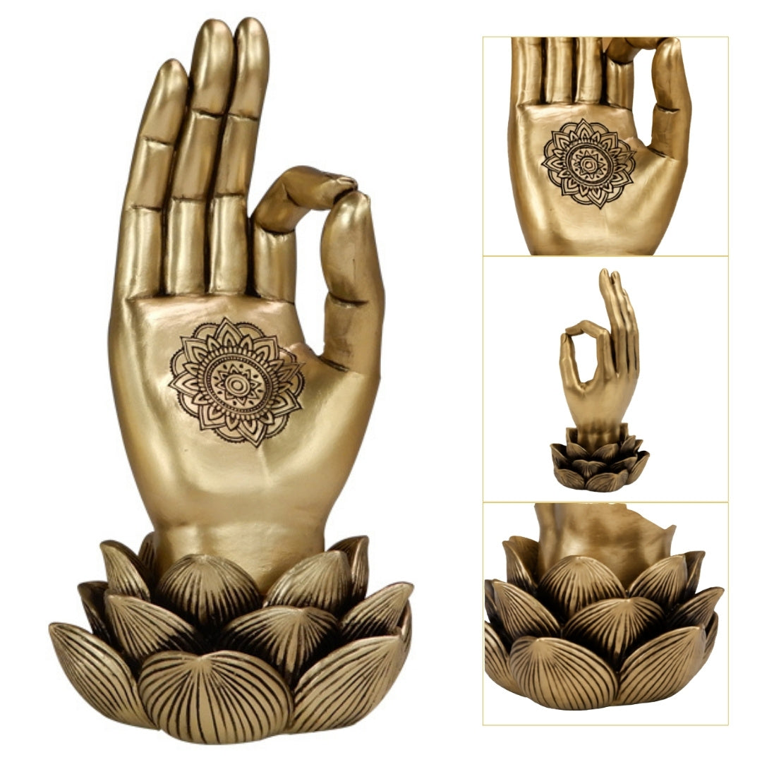Estatueta dourada Mão de Buda Mudra OM com gravação - decoração elegante para presente - Flor de Lótus, 21 cm, polyresina, estilo glamour