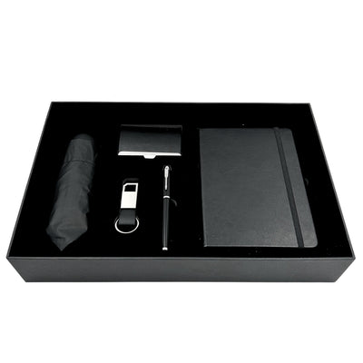 Conjunto Elegante Classico para Presente com Personalização - Caderno de Pele A5, Guarda-Chuva, Caneta, Porta-Cartões e Porta-Chaves em Caixa de Presente Estética