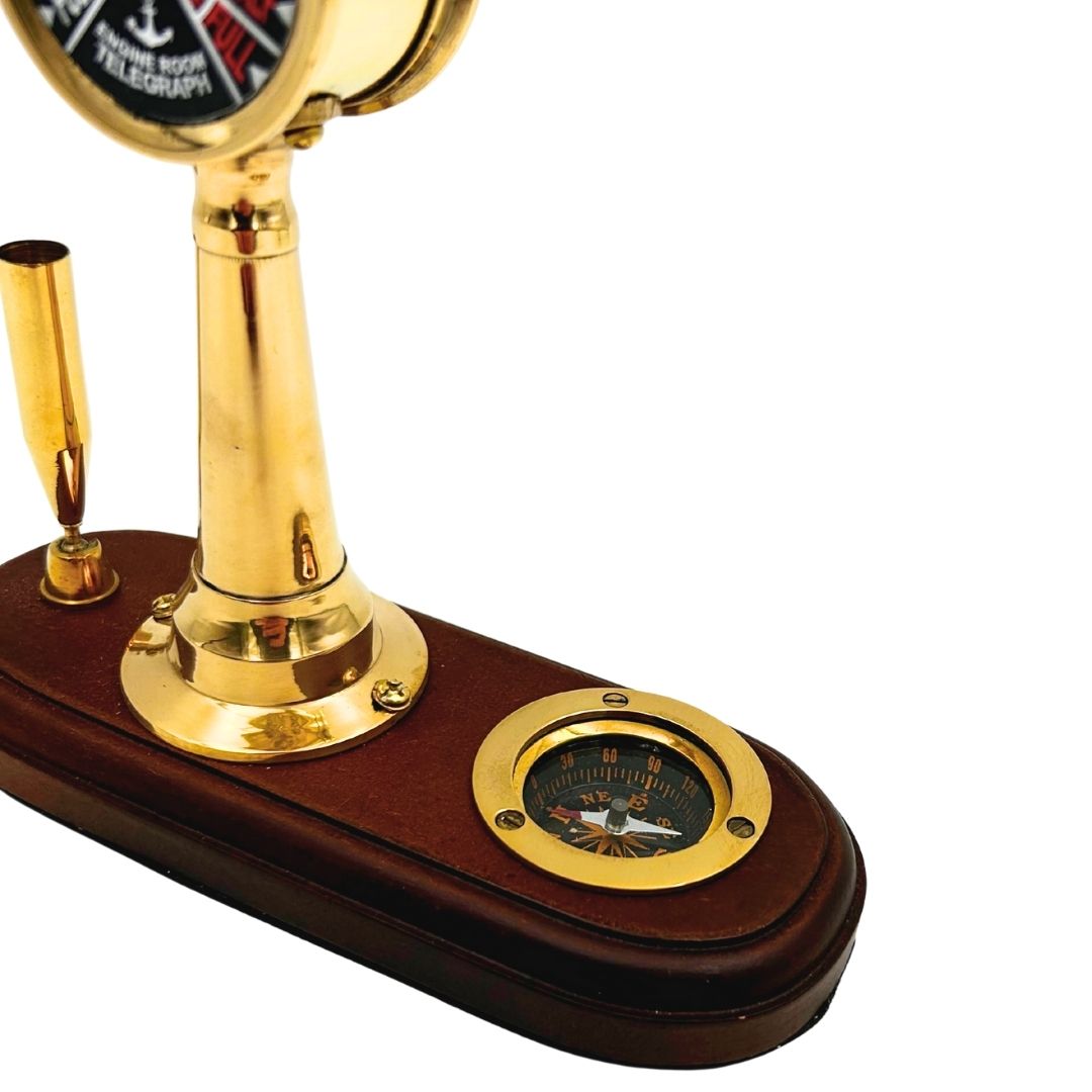 Conjunto Elegante para Secretária com Gravação – Telégrafo de Máquina, Bússola e Suporte para Caneta com Base de Madeira – Presente Ideal para Velejador, Gestor ou Amante do Estilo Retro – Latão e Madeira de Alta Qualidade, Dimensões 16,5 x 6 x 16,8 cm