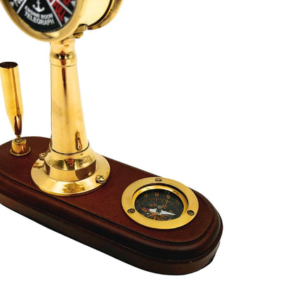 Conjunto Elegante para Secretária com Gravação – Telégrafo de Máquina, Bússola e Suporte para Caneta com Base de Madeira – Presente Ideal para Velejador, Gestor ou Amante do Estilo Retro – Latão e Madeira de Alta Qualidade, Dimensões 16,5 x 6 x 16,8 cm