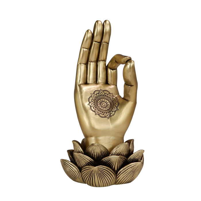 Estatueta dourada Mão de Buda Mudra OM com gravação - decoração elegante para presente - Flor de Lótus, 21 cm, polyresina, estilo glamour