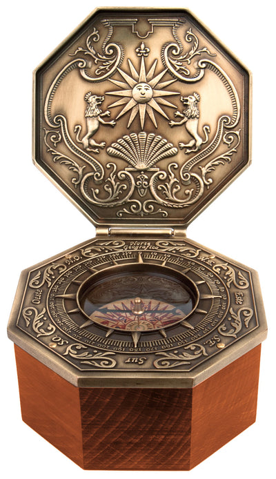 Bússola magnética Cardan exclusiva com gravação - Réplica para presente marinheiro, altura 5,8 cm, madeira de faia e carvalho, latão, estilo renascentista