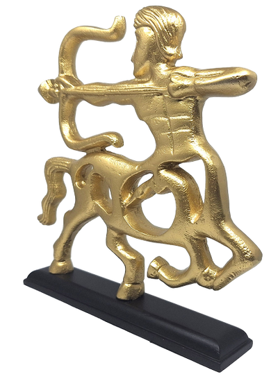 Estatueta decorativa dourada de Sagitário com base de madeira e opção de personalização por gravação