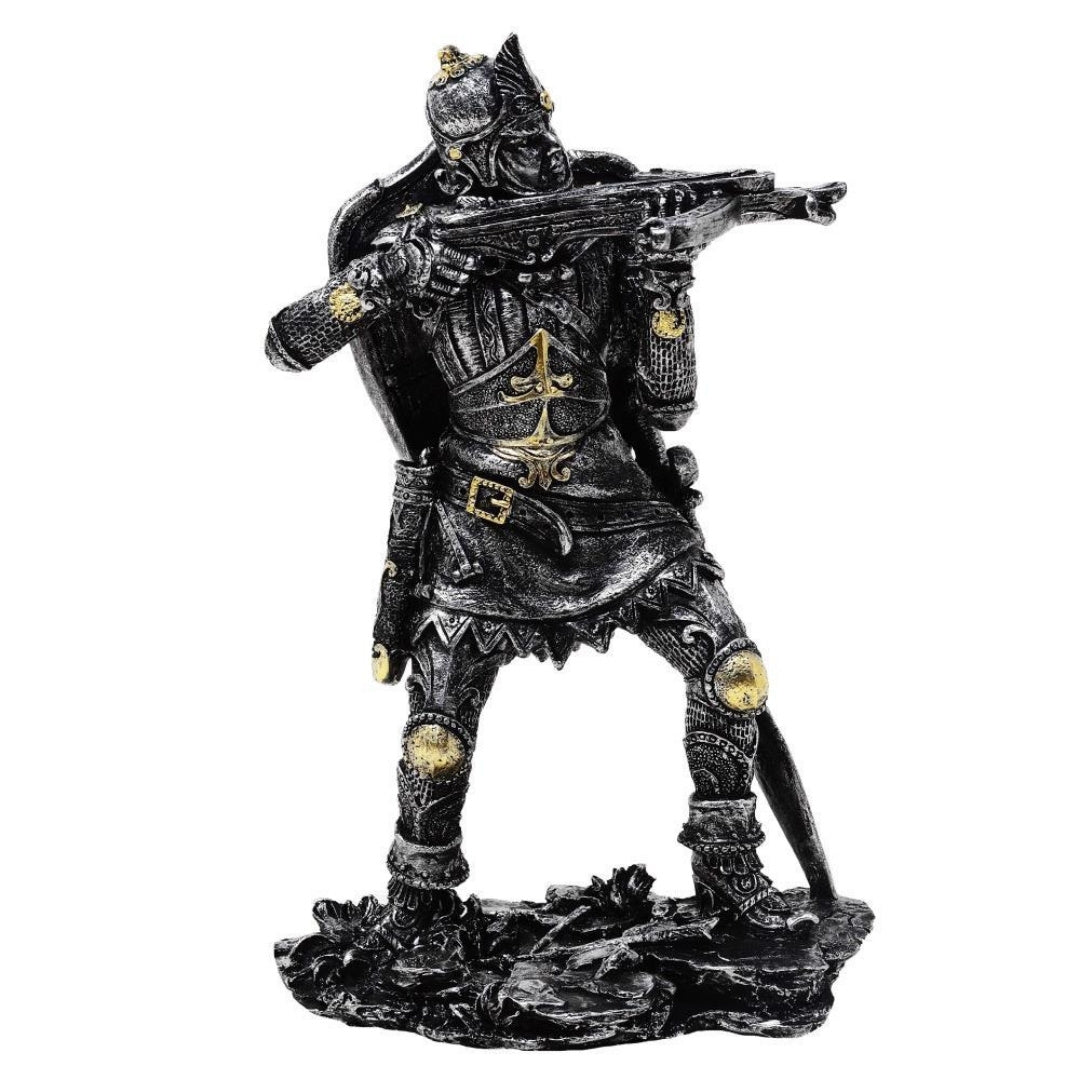 Figura de Cavaleiro Medieval com Besta 20cm com Possibilidade de Personalização por Gravação - Decoração Prateado-Dourada para Presente para Amantes de História e Fantasia - Pintada à Mão em Poliresina