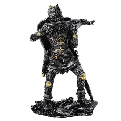 Figura de Cavaleiro Medieval com Besta 20cm com Possibilidade de Personalização por Gravação - Decoração Prateado-Dourada para Presente para Amantes de História e Fantasia - Pintada à Mão em Poliresina