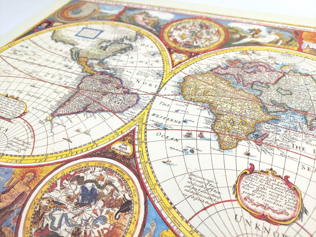 Mapa-múndi Retro com Gravação - Decoração Personalizada para Presente - Reimpressão de John Speed de 1651 - Dimensões 52 x 39 cm - Gráfico Colorido e Detalhado