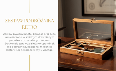 Conjunto de Viajante com Luneta, Bússola e Lupa em Estojo de Madeira com Possibilidade de Gravação Personalizada