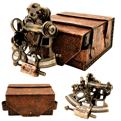 Sextante retro de latão em estojo de couro - instrumento de navegação elegante com possibilidade de gravação - presente ideal para amantes de vela e história - dimensões 13x12x7 cm