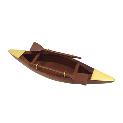 Elegante modelo de barco em madeira de 25 cm - Decoração para secretária com elementos em latão - Presente ideal para velejadores com opção de personalização por gravação - Estilo náutico e retro