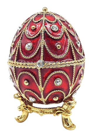 Caixa de metal exclusiva Fabergé com cristais em cor vermelho e dourado, possibilidade de personalização por gravação, ideal para presente, dimensões 5,5x6,5 cm