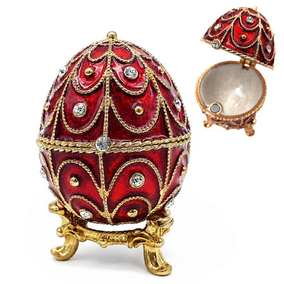 Caixa de metal exclusiva Fabergé com cristais em cor vermelho e dourado, possibilidade de personalização por gravação, ideal para presente, dimensões 5,5x6,5 cm
