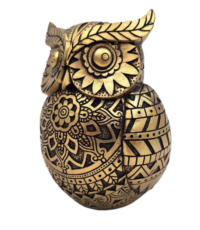 Coruja da sabedoria com possibilidade de personalização por gravação, decoração em dourado e preto, altura 13,6 cm, presente ideal para qualquer ocasião