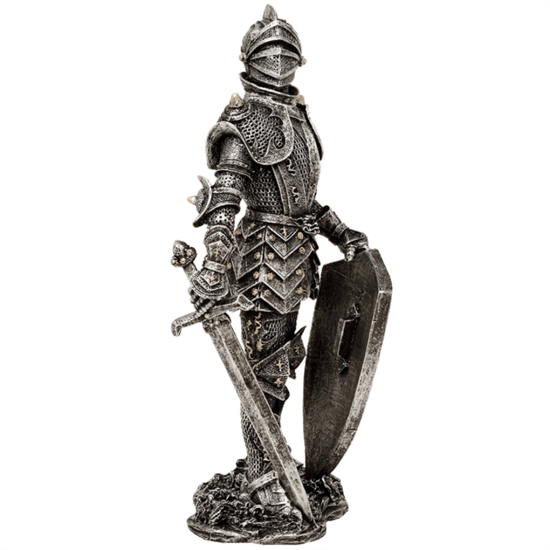 Figura Decorativa Cavaleiro em Armadura Prateada 30 cm com Possibilidade de Gravação Personalizada - Presente Elegante para Amantes de História e Fantasia, Pintada à Mão em Poliresina