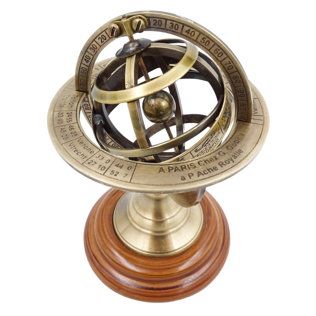 Astrolábio de Latão 14 cm com Gravação - Presente Único para Amantes da Astronomia, Decoração Elegante de Latão e Madeira em Cor Dourada