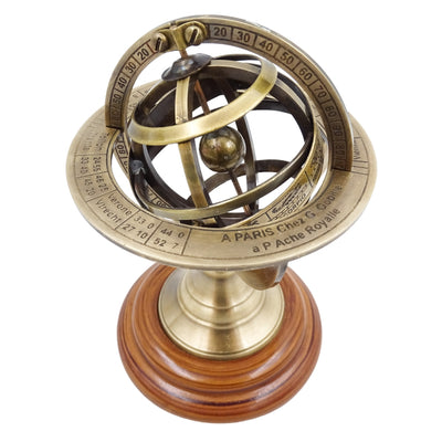 Astrolábio de Latão 14 cm com Gravação - Presente Único para Amantes da Astronomia, Decoração Elegante de Latão e Madeira em Cor Dourada