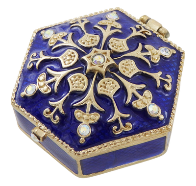 Caixa de presente elegante em metal com cristais B0035-08BL em tons azul-marinho e dourado com possibilidade de personalização por gravação