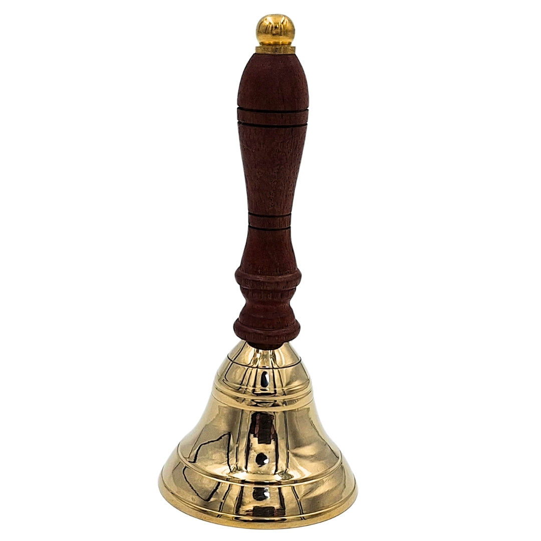 Campainha manual de latão com pega de madeira em estilo retro – gravação personalizada, ideal para presente – altura 16 cm, diâmetro 7,5 cm, dourado e castanho