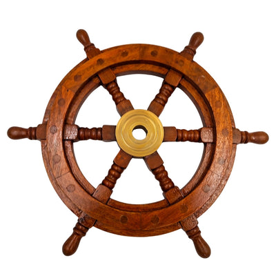 Roda de Leme de Madeira com Inserto de Latão e Espaço para Cunha - Diâmetro 30 cm - Presente Ideal com Possibilidade de Personalização com Gravação - Estilo Náutico e Retro