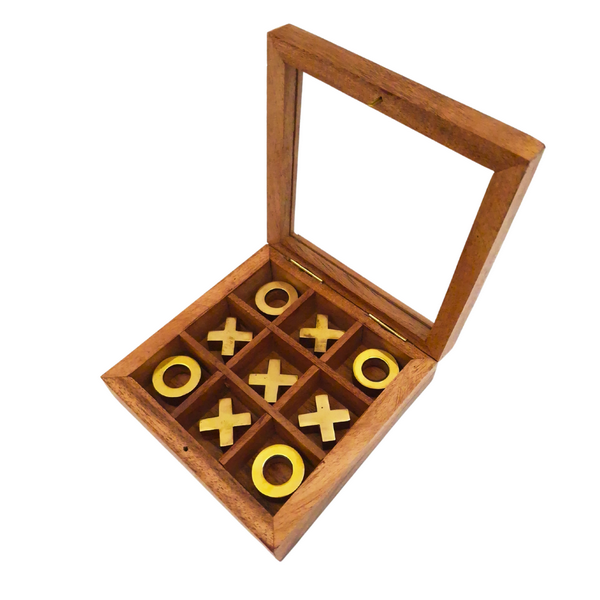 Jogo Elegante de Jogo da Velha em Caixa com Tampa de Vidro com Possibilidade de Personalização por Gravação - Conjunto Luxuoso de Madeira e Latão, Ideal para Presentear Professores e Diretores - Dimensões 12,5 x 12,5 x 2,5 cm