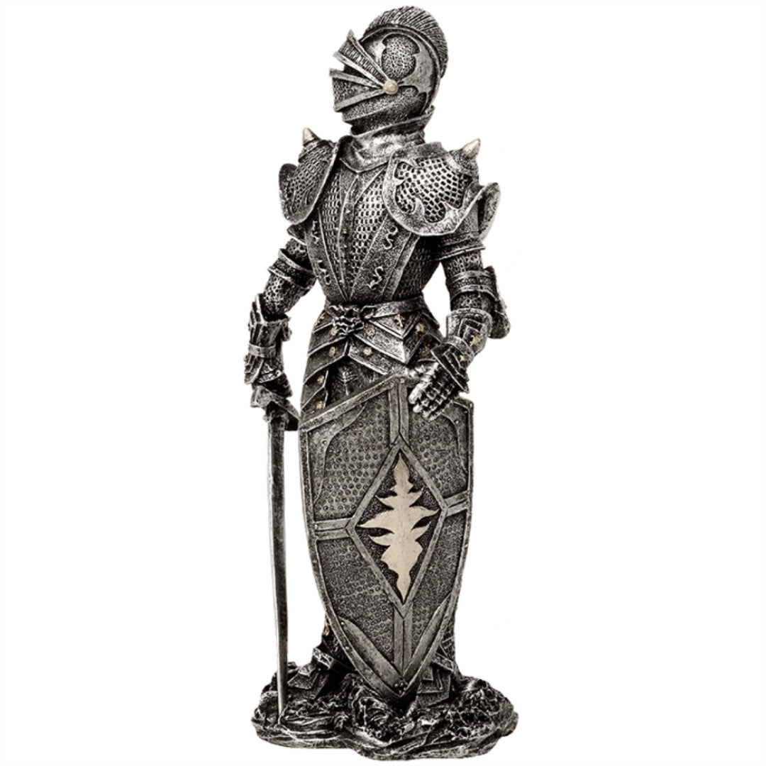 Figura Decorativa Cavaleiro em Armadura Prateada 30 cm com Possibilidade de Gravação Personalizada - Presente Elegante para Amantes de História e Fantasia, Pintada à Mão em Poliresina