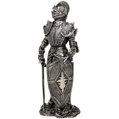 Figura Decorativa Cavaleiro em Armadura Prateada 30 cm com Possibilidade de Gravação Personalizada - Presente Elegante para Amantes de História e Fantasia, Pintada à Mão em Poliresina