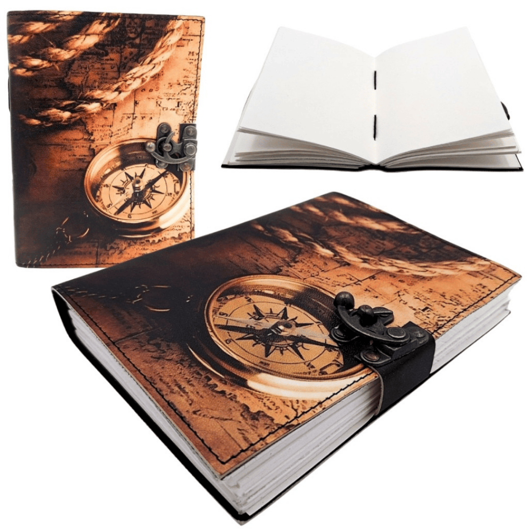 Caderno de Couro Bússola Retro Vintage 200 páginas com possibilidade de personalização por gravação