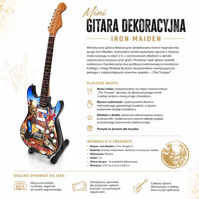 Mini guitarra decorativa Iron Maiden “The Trooper” em mogno - ornamento feito à mão para fãs de música