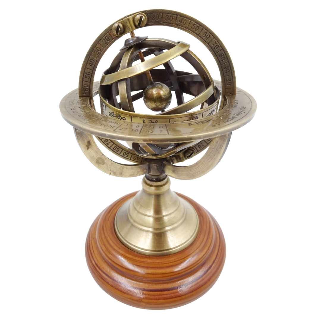 Astrolábio de Latão 14 cm com Gravação - Presente Único para Amantes da Astronomia, Decoração Elegante de Latão e Madeira em Cor Dourada
