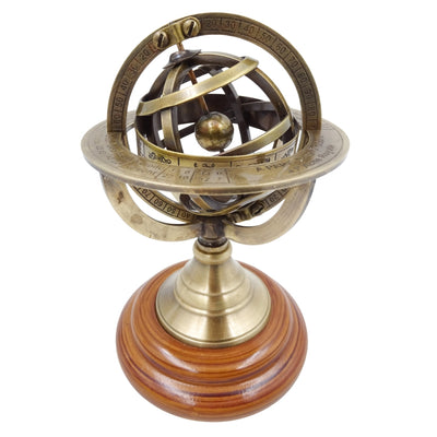 Astrolábio de Latão 14 cm com Gravação - Presente Único para Amantes da Astronomia, Decoração Elegante de Latão e Madeira em Cor Dourada