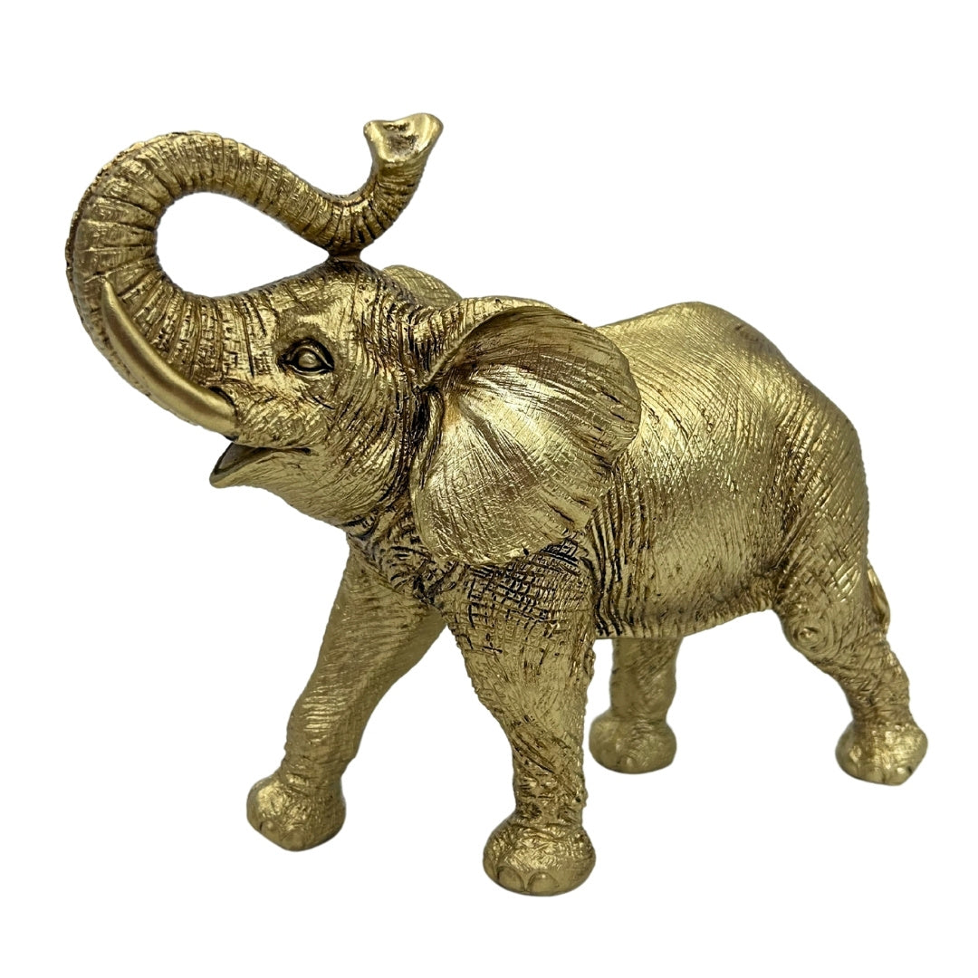 Elefante Dourado com Tromba Erguida - Estatueta decorativa elegante com possibilidade de gravação personalizada, ideal para presente - Altura 20,5 cm, material poliéster