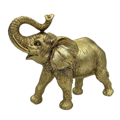 Elefante Dourado com Tromba Erguida - Estatueta decorativa elegante com possibilidade de gravação personalizada, ideal para presente - Altura 20,5 cm, material poliéster