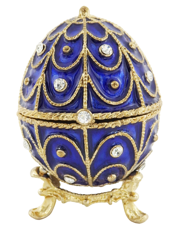 Caixa de metal exclusiva com cristais em forma de ovo Fabergé, azul-marinho e dourado, 5,5x6,5 cm com possibilidade de personalização por gravação