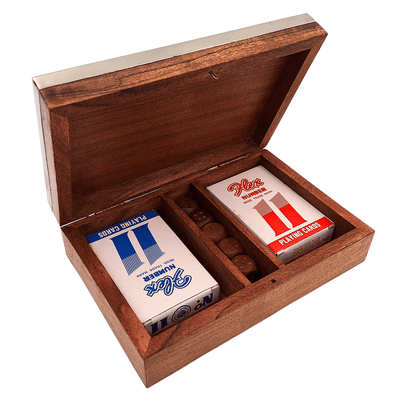 Conjunto Elegante de Jogos com Dois Baralhos e Dados em Caixa de Madeira com Tampa de Alumínio
