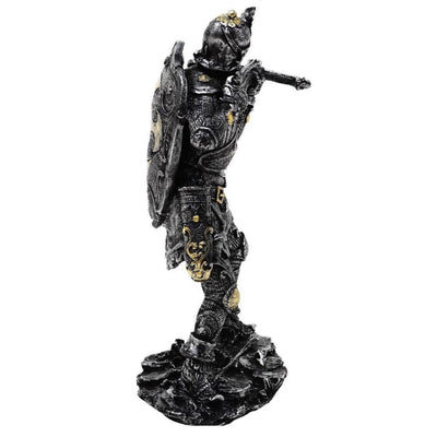 Figura de Cavaleiro Medieval com Besta 20cm com Possibilidade de Personalização por Gravação - Decoração Prateado-Dourada para Presente para Amantes de História e Fantasia - Pintada à Mão em Poliresina