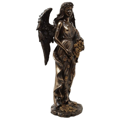 Figura Fortuna Deusa da Sorte e Riqueza 29 cm com Cornucópia - Gravação Personalizada para Presente, Decoração Elegante em Conglomerado de Resina em Tons de Castanho e Cobre