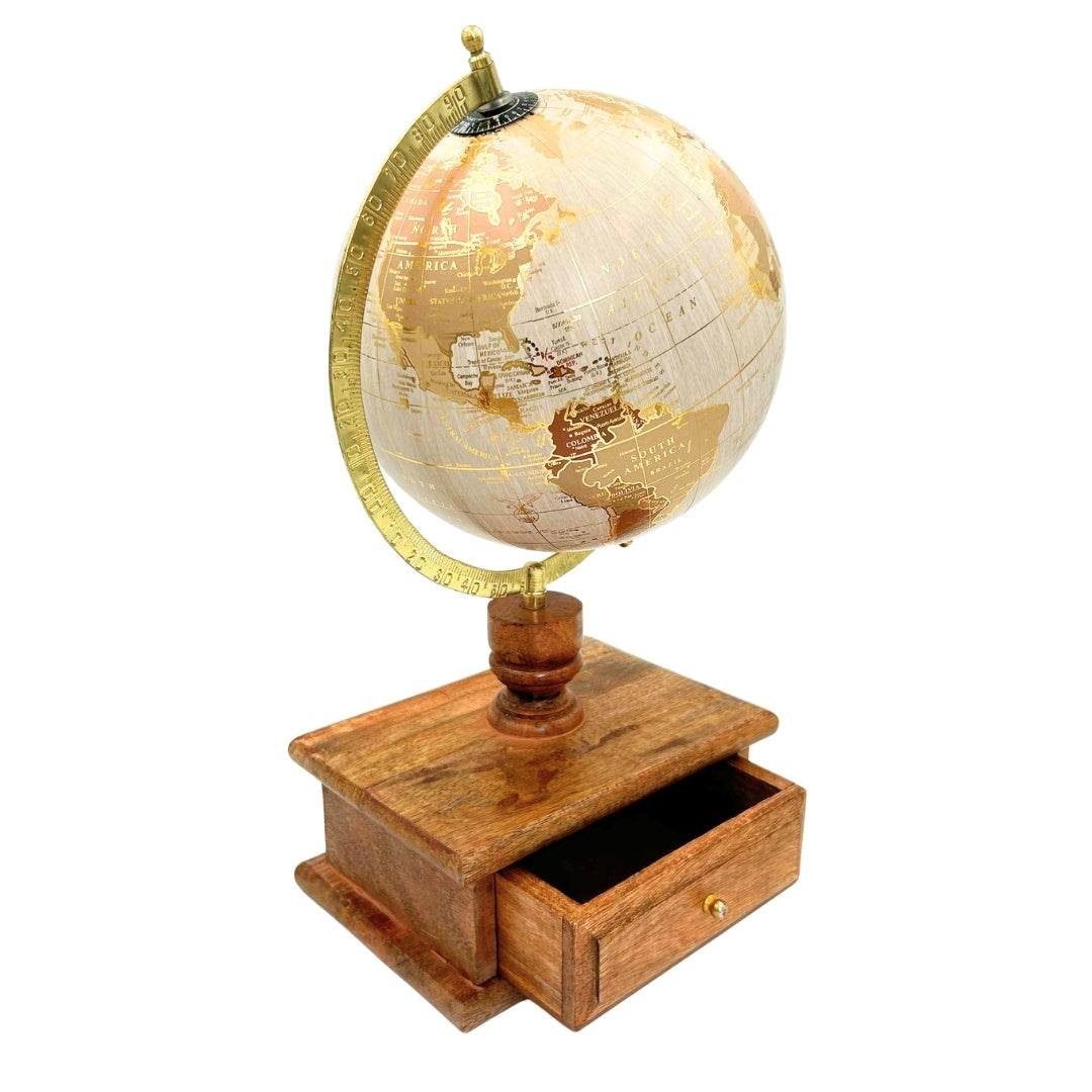 Globo de secretária vintage elegante com base de madeira e gaveta
