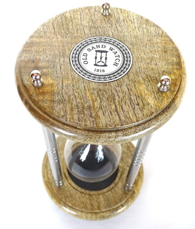 Ampulheta de Latão e Madeira 10 min com Gravação - Presente Elegante na Cor Preta, Altura 25 cm, Feita de Metal, Vidro e Madeira de Manga